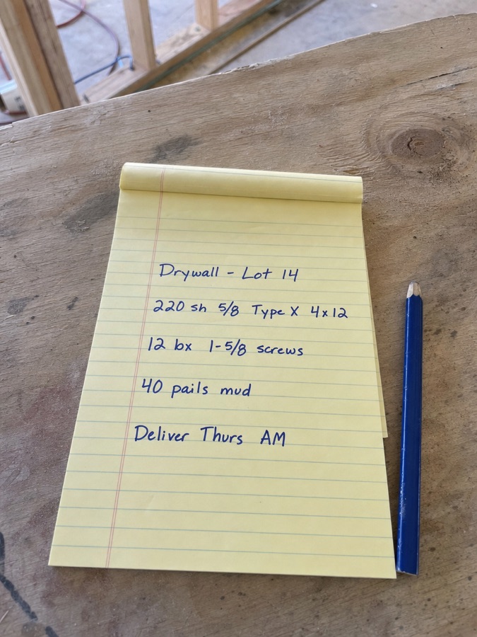 Handwritten material list on a legal pad